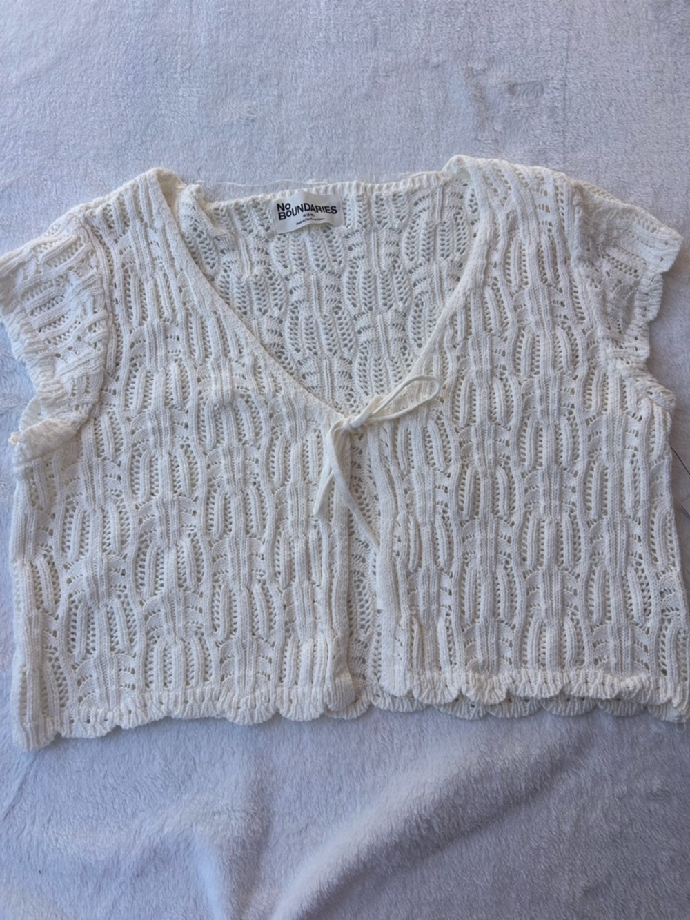 No Boundaries Cream Openwork Knit Cropped Tie-Front Top